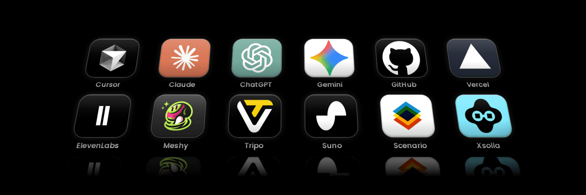 Tool ecosystem — Cursor, Claude, ChatGPT, Meshy AI, GitHub, Vercel, ElevenLabs, Discord, Tripo, Suno, Promethean, Leonardo